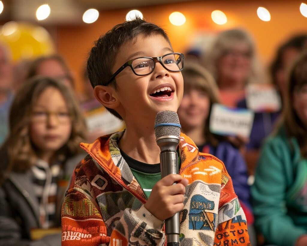 young boy from a watching audience, standing up, smiling and holding a microphone. He is at an family event or show at a hotel or company.