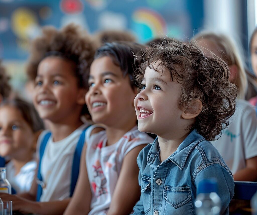 three students/school children smiling sat in a classroom watching an educational entertainment show