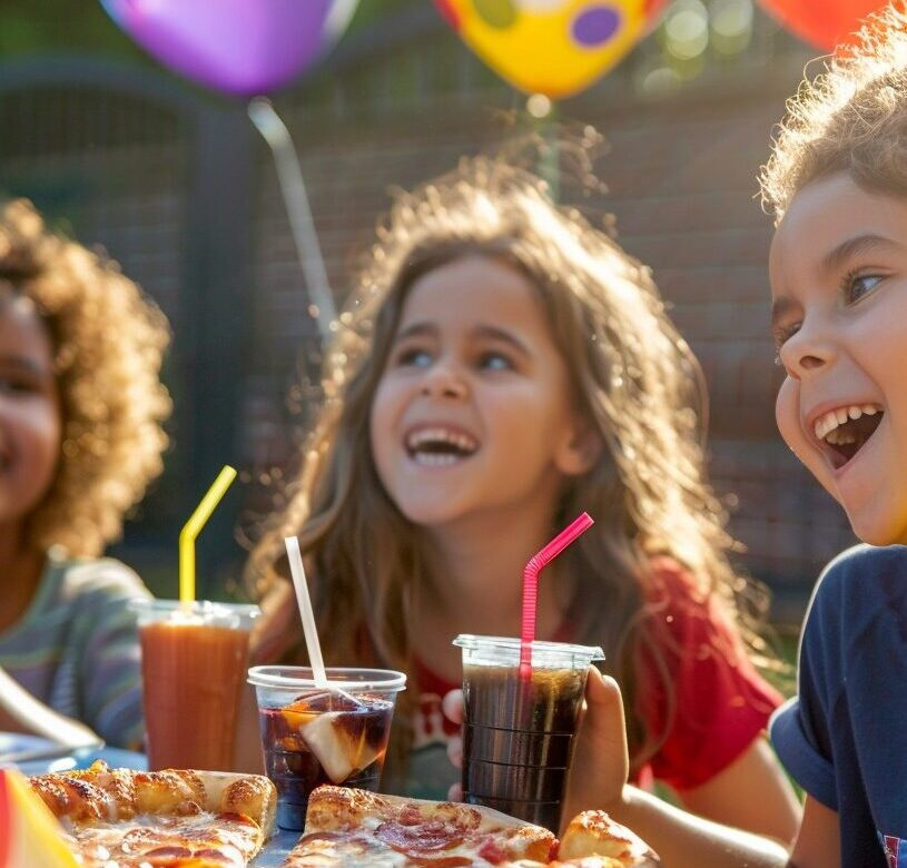 two girls and a boy drinking cola and eating pizza while smiling at a birthday party with balloons, watching a clown comedy show